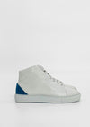 A pair of MH0106 Grey W/ Blue handcrafted high-top sneakers with blue accents on the heel area, made from premium Italian leather, displayed against a plain white background.