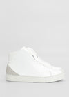 A pair of MH0107 White Leather high-top sneakers on a plain white background. Handcrafted in Portugal, the sneakers feature a smooth leather finish and a white rubber sole.
