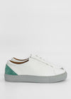 A side view of a pair of ML0080 White Floater W/ Grey with gray soles and teal accents on the heel, made from premium Italian leathers and handcrafted in Portugal, against a plain white background.