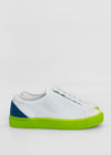 A pair of ML0063 White W/ Lime with a neon green sole and blue detail on the heel, handcrafted in Portugal using premium Italian leathers, displayed against a plain white background.