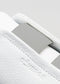 Close-up of V20 White W/ Bone's premium Italian leather texture with "DEVERGE" embossed on it and a partially visible gray strap.