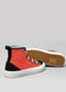 TH0023 by Erica are handcrafted, ethically made high-top sneakers in red with black and teal accents. They have white soles with a honeycomb-patterned outsole and are showcased against a plain gray background. Made in Portugal.