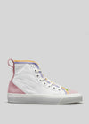 The TH0024 by Iara is a high-top sneaker crafted in Portugal with a premium white canvas upper, pink and purple accents, a multicolored toe, yellow ankle trim, and a crisp white sole.