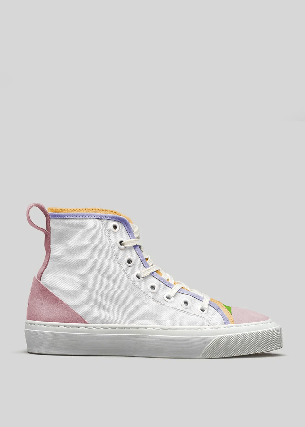 The TH0024 by Iara is a high-top sneaker crafted in Portugal with a premium white canvas upper, pink and purple accents, a multicolored toe, yellow ankle trim, and a crisp white sole.