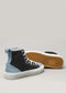 A pair of TH0026 by Mafalda high-top sneakers, one upright and the other on its side, showcasing black, light blue, and white details on premium canvas, ethically made and displayed against a plain background.