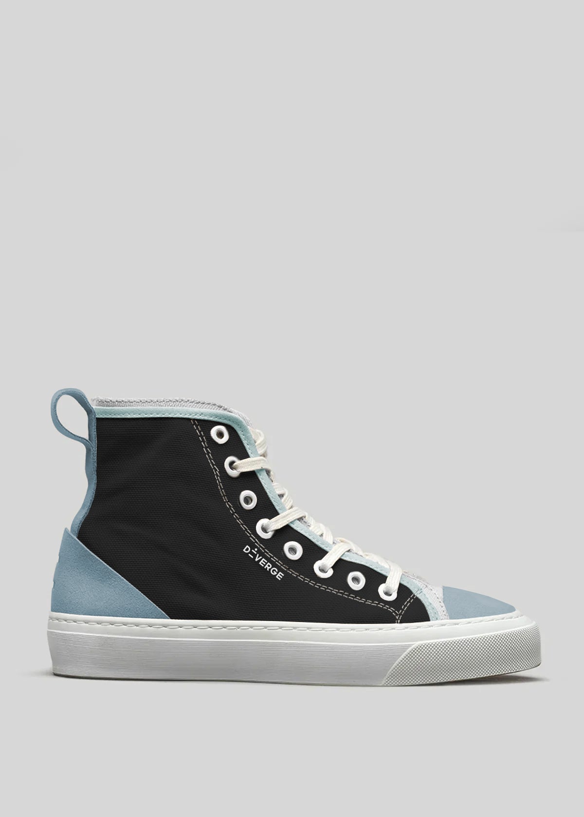 The TH0026 by Mafalda is a high-top sneaker with a premium black canvas upper, light blue accents on the heel and toe, clean white laces and sole, featuring "D'XERRE" printed on its ethically made side.