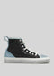 The TH0026 by Mafalda is a high-top sneaker with a premium black canvas upper, light blue accents on the heel and toe, clean white laces and sole, featuring "D'XERRE" printed on its ethically made side.