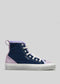 The TH0027 by Stella is a high-top sneaker in purple and blue, featuring a white sole and laces. It's meticulously handcrafted in Portugal from premium canvas.