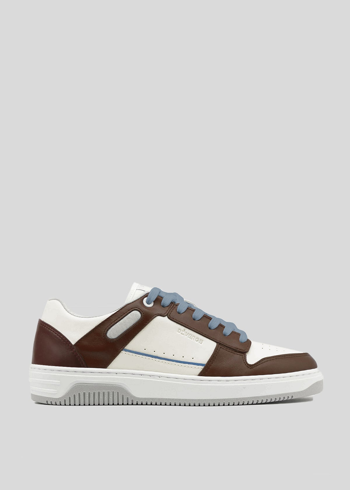 The V14 Brown W/ Off White is a handcrafted sneaker from Portugal, showcasing white and brown colors, light blue laces, a textured sole, and perforated side details.