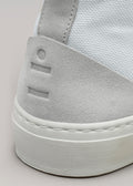 grey and antique white premium canvas multi-layered high sneakers close-up materials