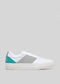 Side view of a white NV0001 Aqua Green vegan sneaker with gray panels and a teal accent at the heel against a light gray background.