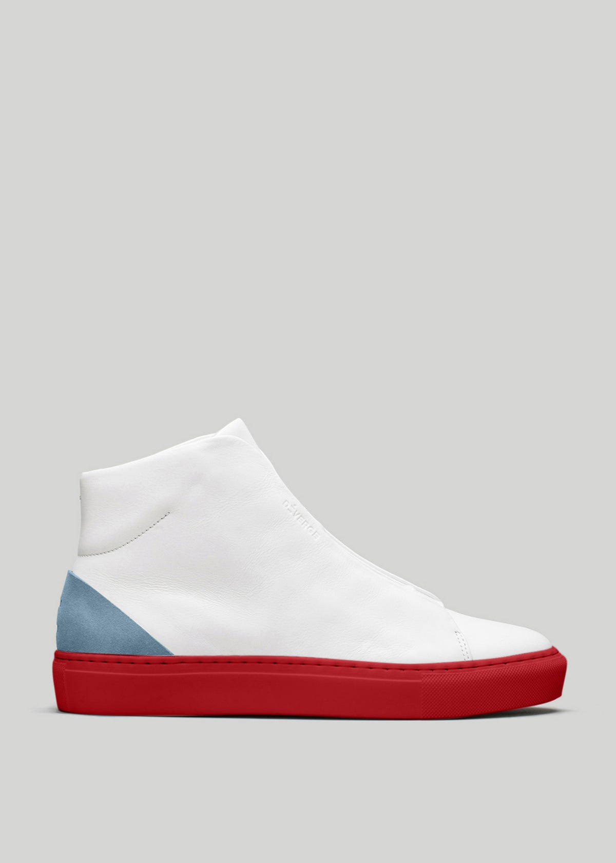 V28 Artic Blue W/ Red leather high-top sneaker, displayed against a gray background.