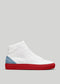 Sneaker alta in pelle V28 Artic Blue W/ Red, su sfondo grigio.