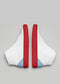 Une paire de chaussures à talons hauts V28 Artic Blue W/ Red avec une fermeture éclair rouge à l'arrière, présentée sur un fond gris.