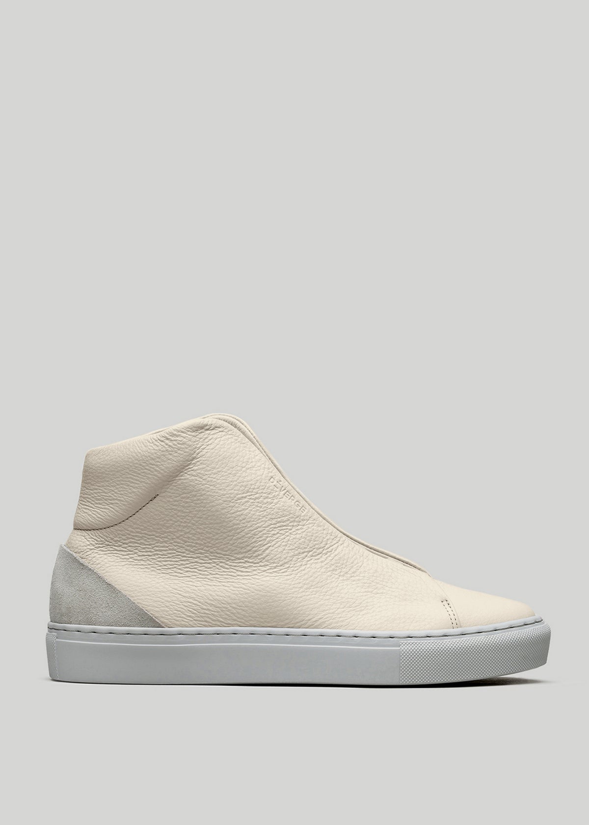 Side view of a V27 Beige Floater high-top sneaker with a textured surface and white sole against a light gray background.