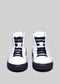 A pair of white leather high-top sneakers with black stripes, viewed from the front, set against a light gray background. MH0001 by Elias.