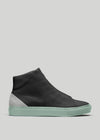 A high-top, MH00019 Black Cat sneaker with a light green rubber sole, displayed against a plain white background.