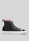 TH0007 Dark Fader high-top sneaker with white sole and red trim on a gray background, crafted from durable canvas.