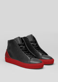 black and red premium leather high sneakers in clean design front with laces