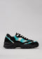 A low top sneaker named LC0001 by Rafa with a black and teal abstract pattern and a thick black sole, displayed against a plain light gray background.