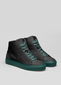 black with green premium leather high sneakers in clean design front with laces