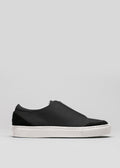 black with white premium leather slip-on sneakers with straps in clean design sideview