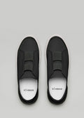 black with white premium leather slip-on sneakers with straps in clean design topview
