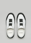 black with white premium leather slip-on sneakers with straps in clean design topview 