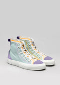 blue and lilac premium canvas multi-layered high pair of sneakers backview