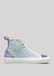 High-top sneaker with a purple and gray canvas upper, white laces, and a white rubber sole, displayed against a neutral background. Suitable as TH0008 KT's Kicks for men.