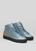 blue and orange premium leather high sneakers in clean design front with laces