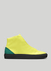 A neon yellow and teal MH00019 diVERGE Colors men's high-top sneaker on a grey background.
