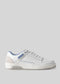 V5 White W/Blue low-top sneaker with perforations and blue accents on a gray background.