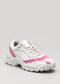 Una sneaker low top V13 Leather Color Mix Fuchsia bianca e rosa, con suola spessa e lacci sul davanti, su uno sfondo neutro.