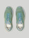 Top view of a pair of DIVERGE X BUREL Mint low top sneakers with laced-up fronts.