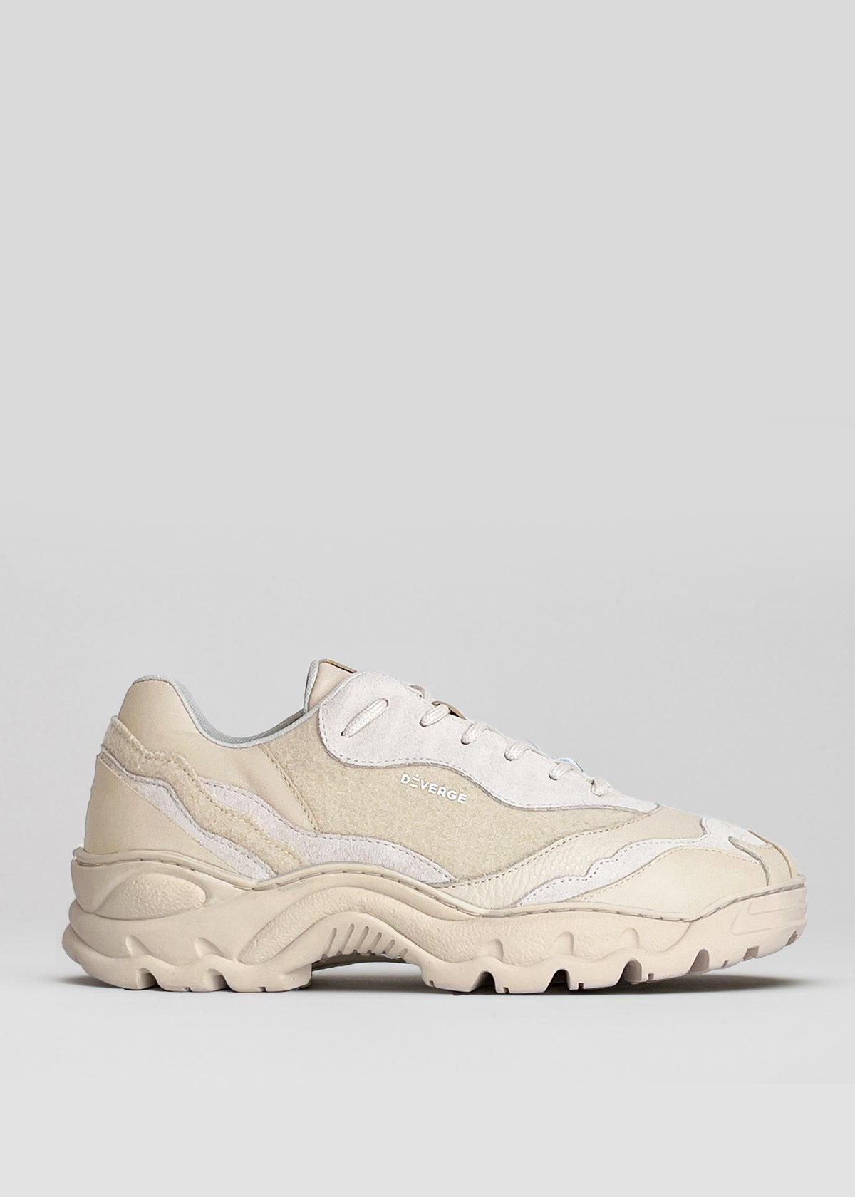 A single DiVERGE X BUREL Pearl low top sneaker with a chunky sole and visible stitched details, displayed against a neutral background.