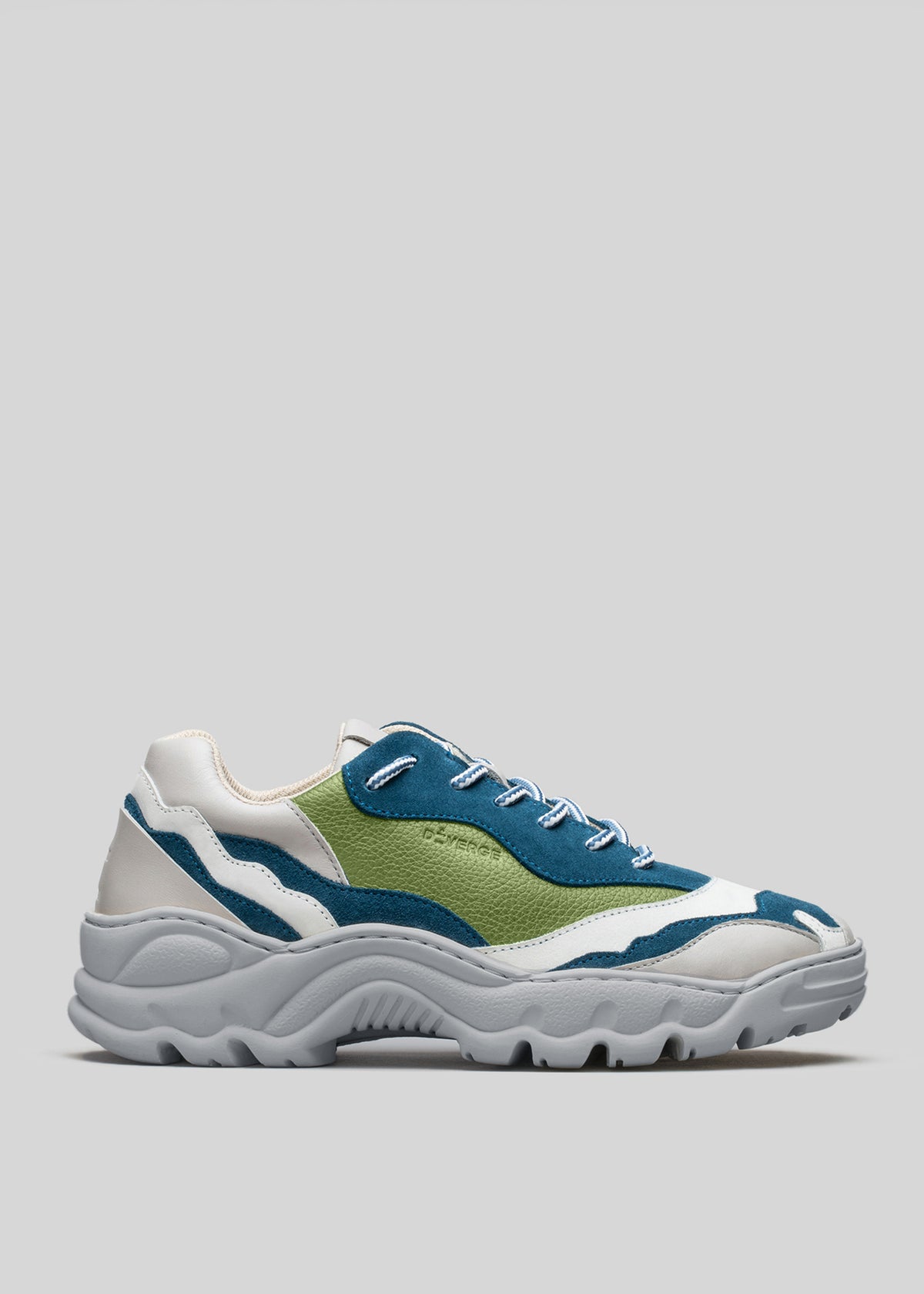 A pair of V16 Leather Color Mix Pine sneakers with white, green, and blue panels and a chunky, wavy sole, displayed against a plain light background.