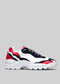 color mix red, black and white premium leather sneakers landscape with sophisticated silhouette sideview