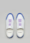 A pair of V14 Electric Blue W/ Lilac slip-on sneakers, viewed from above on a gray background.