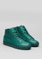 Un paio di scarpe high-top personalizzate V2 Emerald Green Floater sneakers su uno sfondo grigio chiaro.