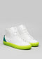 A pair of V34 Forest W/ Yellow high-top sneakers with a neon green sole and a dark green accent on the back.