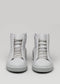 A pair of V7 Grey Floater high-top sneakers in light gray with laces, seen from the front on a neutral background.