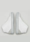 Un par de V39 White W/ Grey de cuña alta sneakers con suela y detalles traseros grises, mostrados sobre un fondo gris claro.