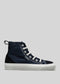 Side view of a V2 Marine Blue Canvas high-top sneaker with white laces and a white rubber sole against a gray background.