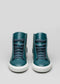 A pair of V3 Ocean Blue Leather high-top sneakers with white soles, positioned facing forward on a plain gray background.