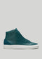 A V3 Ocean Blue Leather high-top sneaker with a white sole, viewed from the side on a gray background.
