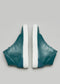 A pair of V3 Ocean Blue Leather wedge heels with white soles, displayed against a gray background.