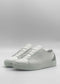The ML0130 White W/ Grey sneakers are handcrafted in Portugal with premium Italian leathers, featuring green soles and grey accents on the heel tab, set against a neutral background.
