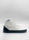 The MH0144 White W/ Black is a white high-top sneaker with a sleek design, featuring a black sole and heel. It's handcrafted in Portugal in the Minimal High style using premium Italian leathers and shown side-view on a plain white background.