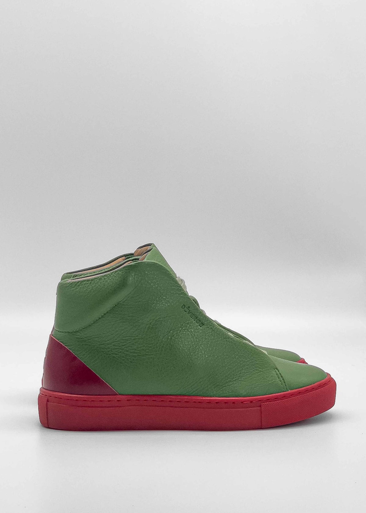 A single MH0153 Aloe W/ Red high-top sneaker boasts premium Italian green leathers with a red sole and heel, shown from the side on a plain white background.